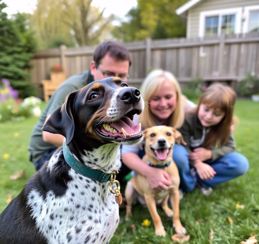 Ein glücklicher English Pointer, der mit seiner Familie im Garten spielt