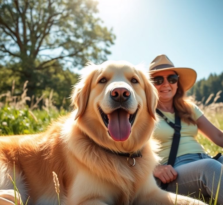 Ein glücklicher, entspannter Golden Retriever liegt mit seinem menschlichen Besitzer auf einer Wiese im Sonnenschein.