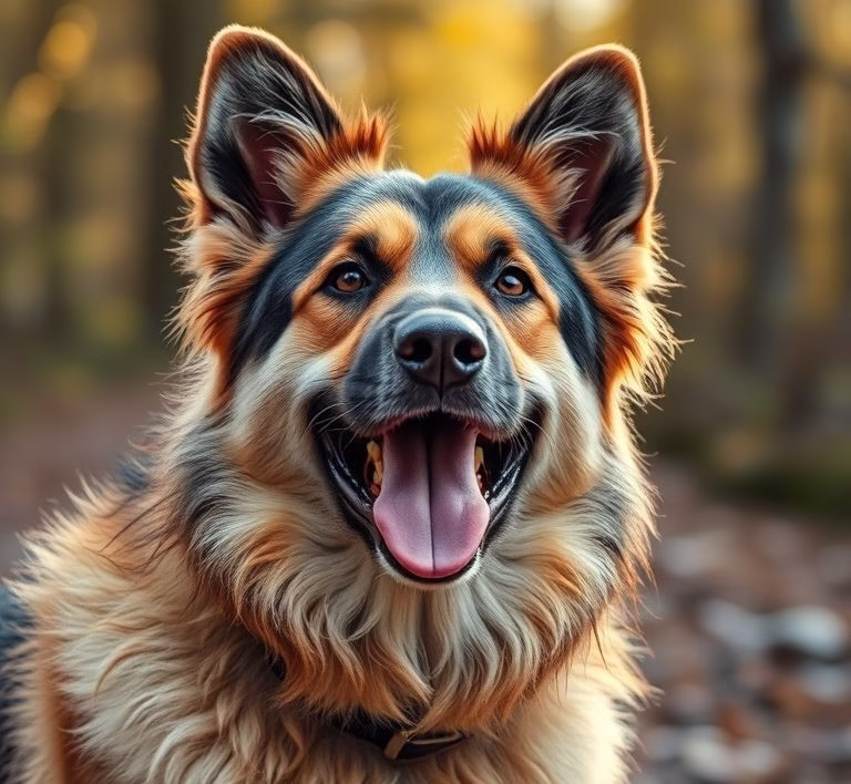 Ein glücklicher, gesunder Hund frisst genüsslich aus einem BARF-Napf im Freien
