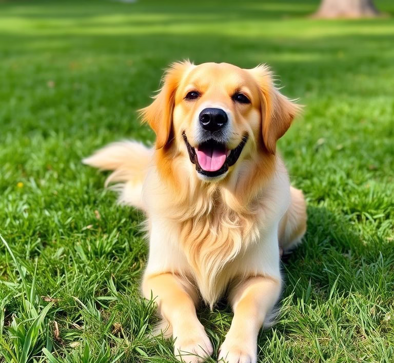 Ein glücklicher Golden Retriever spielt im Park, umgeben von grünem Gras