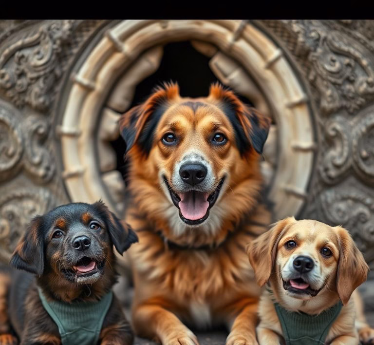 Ein glücklicher Hund frisst aus einem Napf, daneben stehen Tüten mit getreidefreiem Hundefutter.