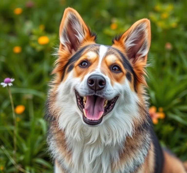 Ein glücklicher Hund frisst genüsslich aus einem Bozita Futternapf im Grünen