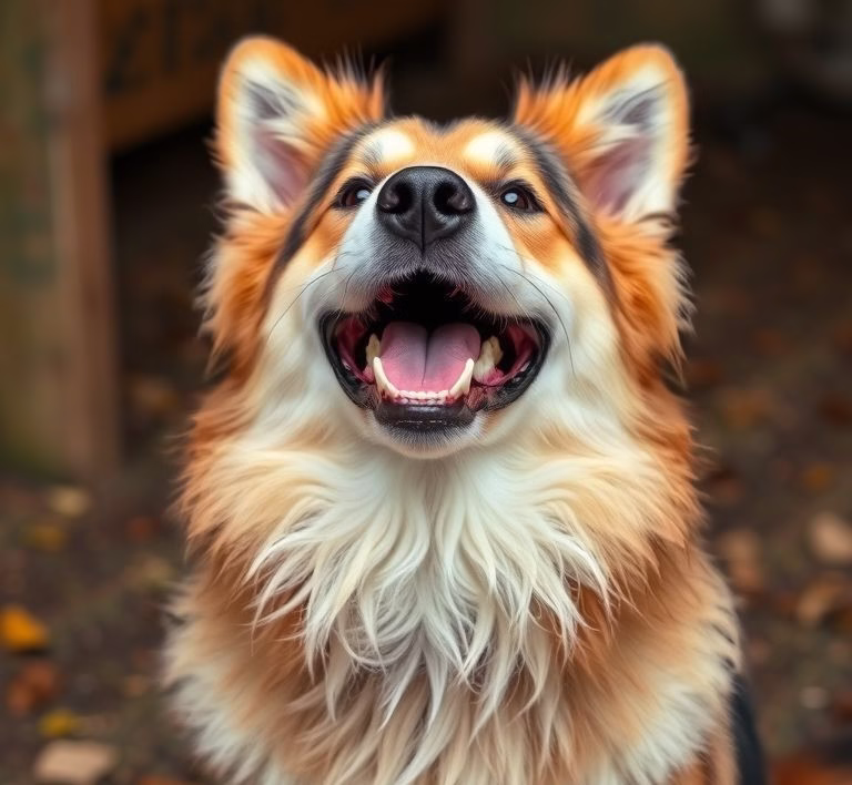 Ein glücklicher Hund frisst genüsslich aus einem Fressnapf, der von Dehner Hundefutter umgeben ist.