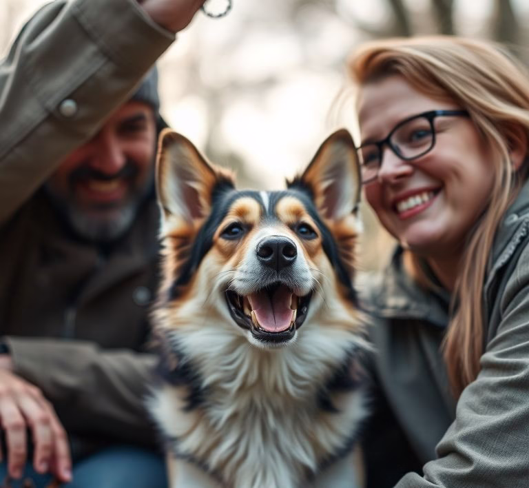 Ein glücklicher Hund frisst genüsslich aus einem Napf, während sein Besitzer lächelt