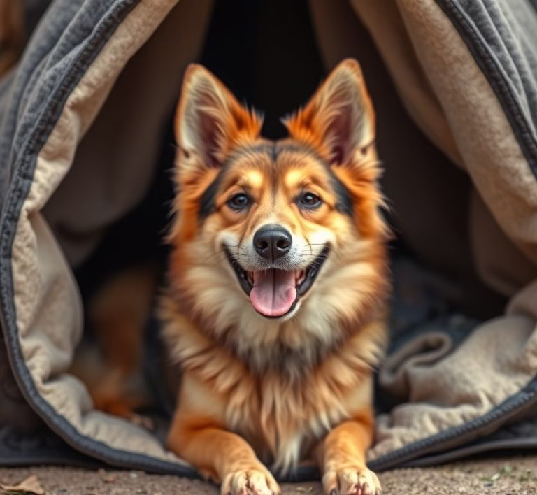 Ein glücklicher Hund frisst genüsslich aus seinem Napf, vor dem Hintergrund einer Lidl-Filiale