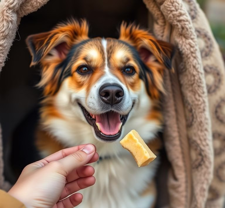 Ein glücklicher Hund frisst genüsslich aus seinem Napf, während eine Hand Penny Hundefutter in den Napf füllt.