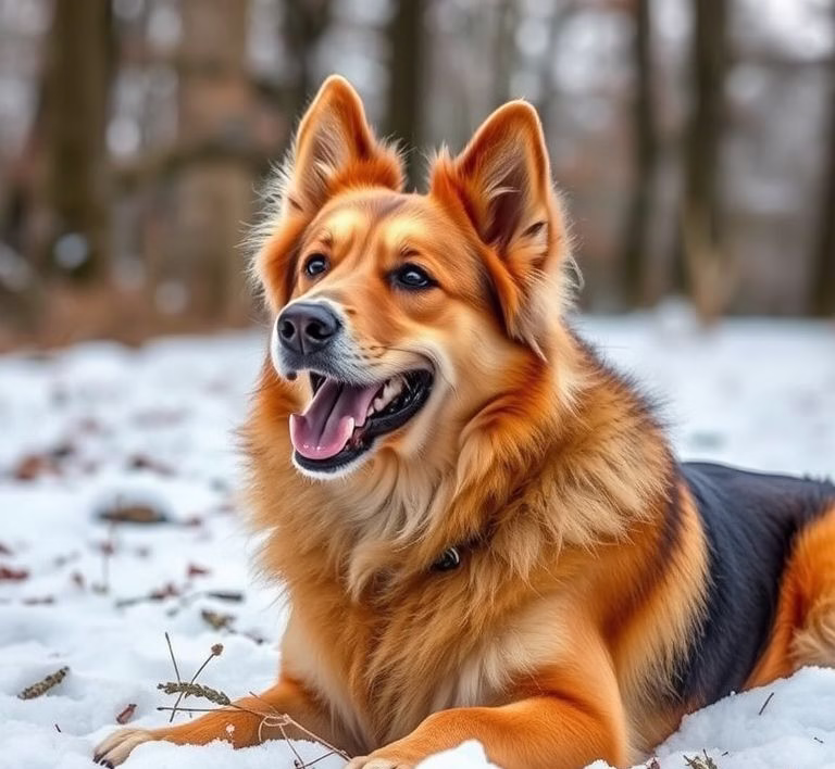 Ein glücklicher Hund frisst Magnusson Hundefutter aus einem Napf