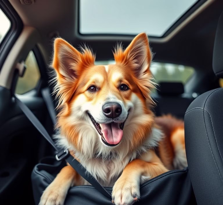 Ein glücklicher Hund liegt entspannt in einem Auto, bereit für die Reise.