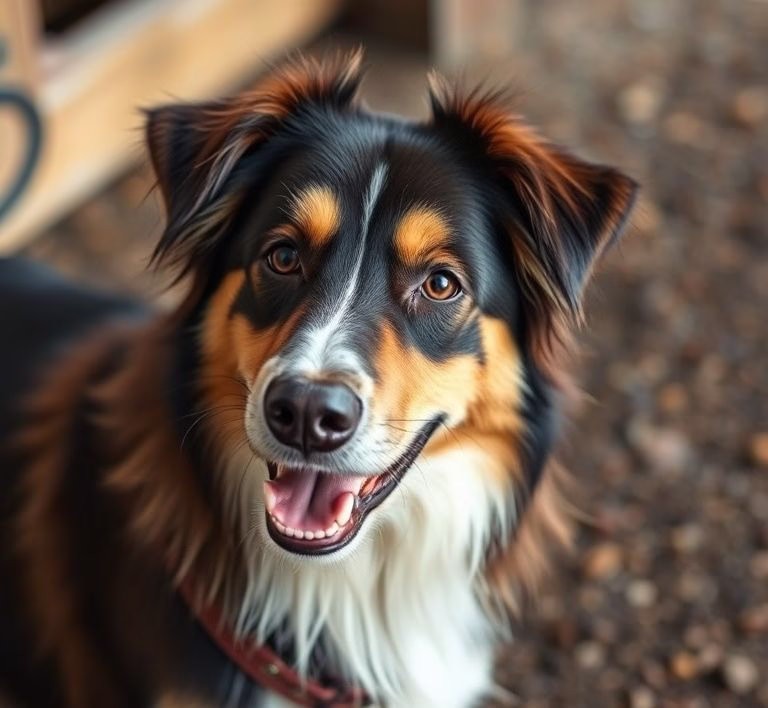 Ein glücklicher Hund mittlerer Größe, der genüsslich aus seinem Napf frisst, gefüllt mit Hundefutter mit Pferd.