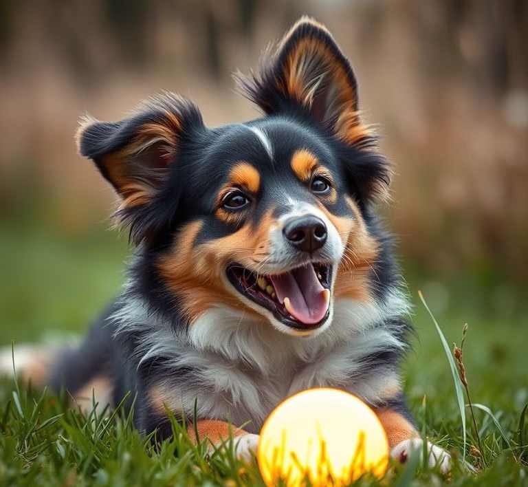 Ein glücklicher Hund spielt im Gras mit einem leuchtend gelben Ball