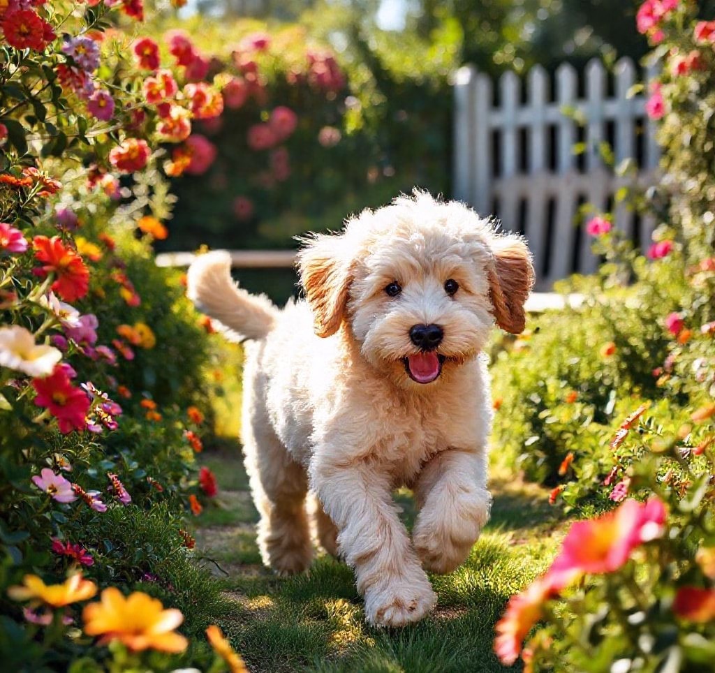 Ein glücklicher Labradoodle spielt in einem Garten, exemplarisch für allergikerfreundliche Hunderassen.