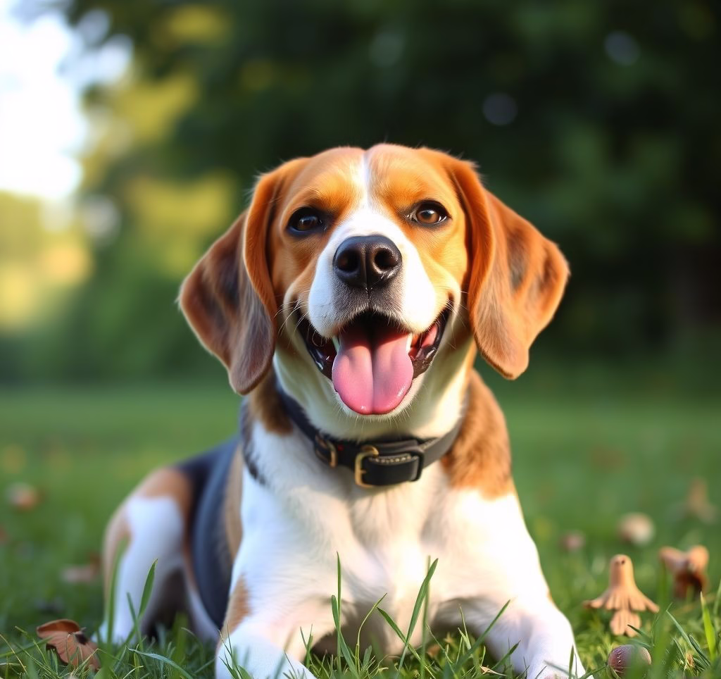 Ein glücklicher, mittelgroßer Beagle, der im Gras spielt.