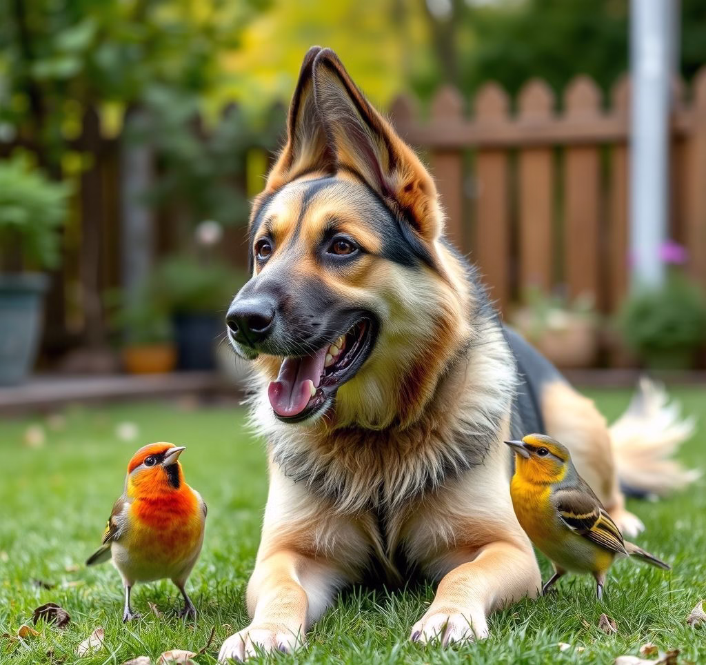 Ein glücklicher mittelgroßer Familienhund spielt mit Kindern im Garten.