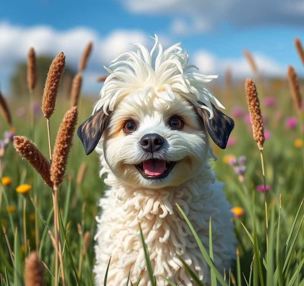 Ein glücklicher Mops im Gras spielend
