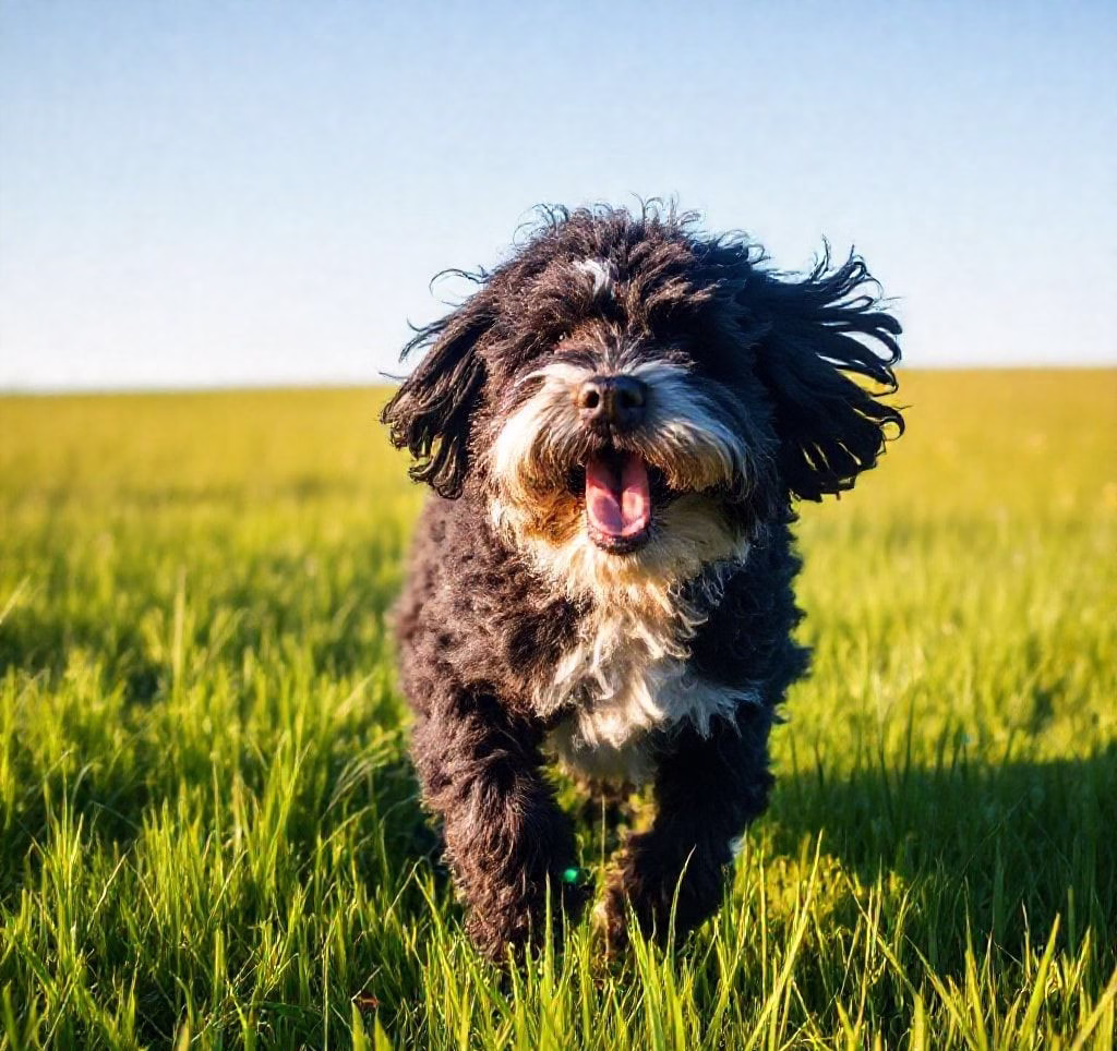 Ein glücklicher Portugiesischer Wasserhund spielt im Gras