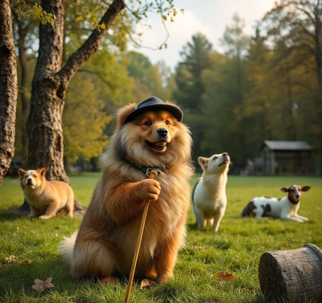 Ein glücklicher Pudel, der auf einer Wiese spielt