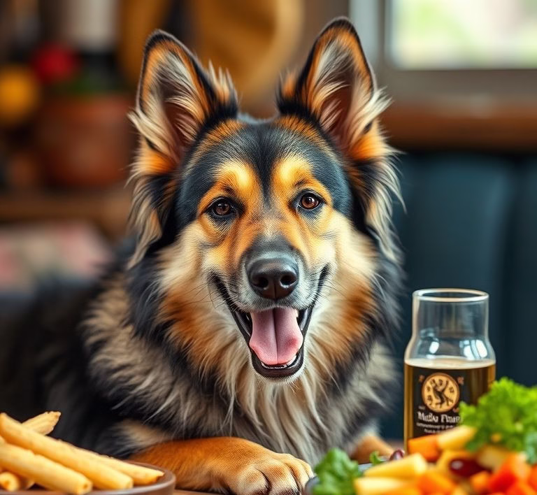 Ein glücklicher und gesunder Hund, der nach einer vegetarischen Mahlzeit zufrieden aussieht