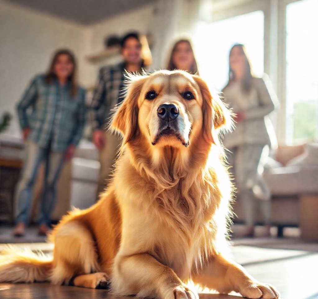 Ein Golden Retriever sitzt treu vor einer Familie