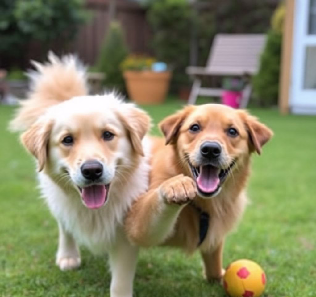 Ein Golden Retriever spielt sanft mit einem Kind im Garten.
