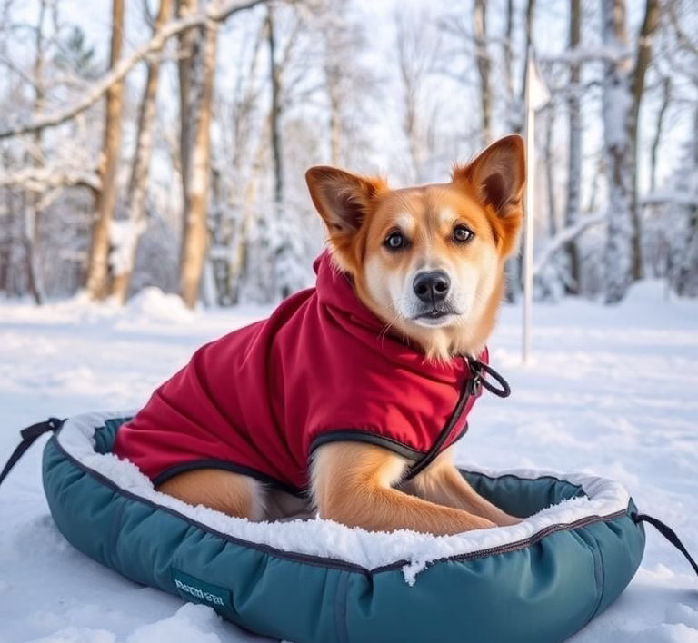 Ein gut sitzender, wasserdichter Hundemantel an einem Hund im Winterwald