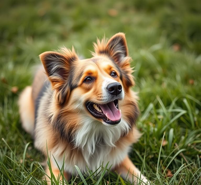 Ein Hund, der auf einer grünen Wiese Gras frisst und dabei entspannt aussieht.