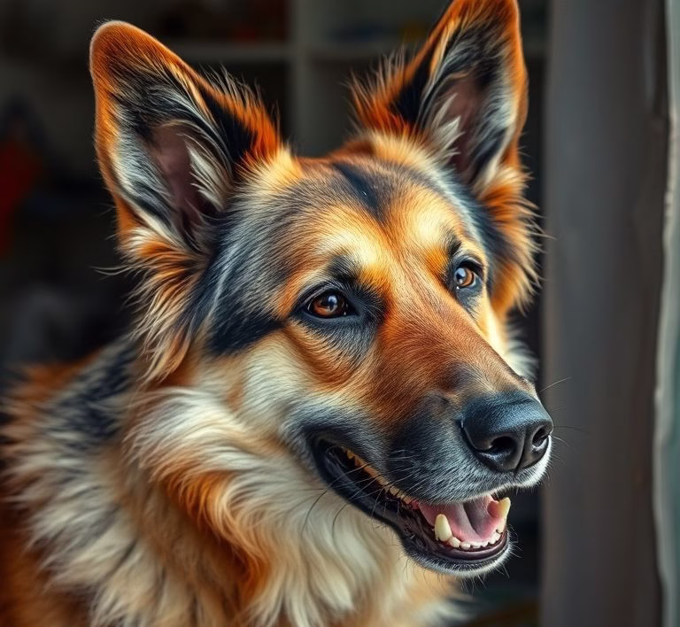 Ein Hund, der mit Begeisterung an seinem Napf mit Trockenfutter frisst, im Hintergrund eine gut sortierte Futterverpackung.