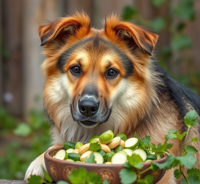 Ein Hund, der mit Begeisterung selbstgekochtes Futter aus einem Napf frisst, mit frischen Zutaten im Hintergrund