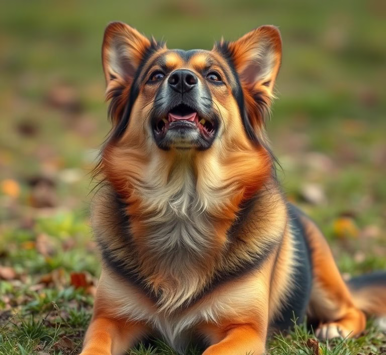 Ein Hund, der sich am Bauch kratzt, mit einem besorgten Blick in seine Richtung