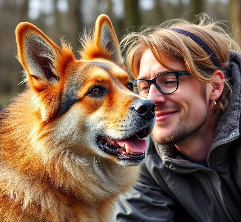 Ein Hund frisst genüsslich und vorsichtig aus einem Schonkostnapf, während sein Besitzer ihn liebevoll beobachtet.