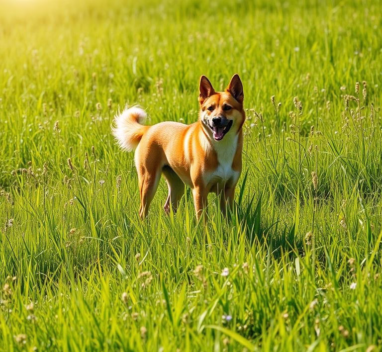 Ein Hund frisst Gras auf einer Wiese im Sonnenschein