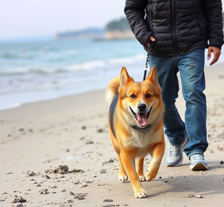 Ein Hund läuft fröhlich am Strand entlang, während sein Besitzer ihm zusieht.