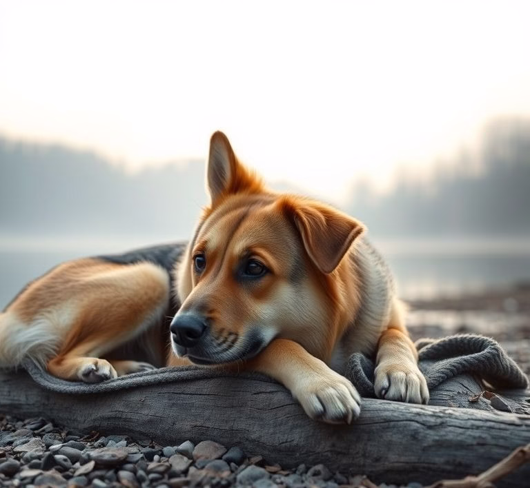 Ein Hund liegt entspannt auf einer Decke, umgeben von einer ruhigen Atmosphäre, vielleicht mit einem sanften Licht.