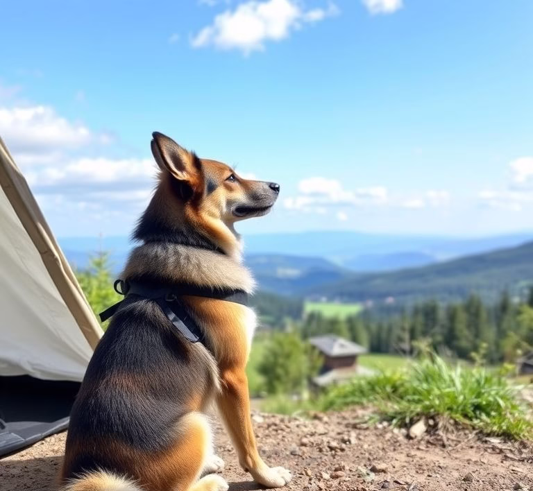 Ein Hund sitzt entspannt vor einem Zelt mit einer wunderschönen Naturlandschaft im Hintergrund und blickt in die Ferne.