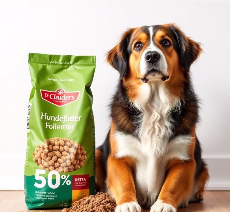 Ein Hund sitzt vor einem gefüllten Napf Dr. Clauder's Hundefutter, Symbol für gesunde Ernährung.