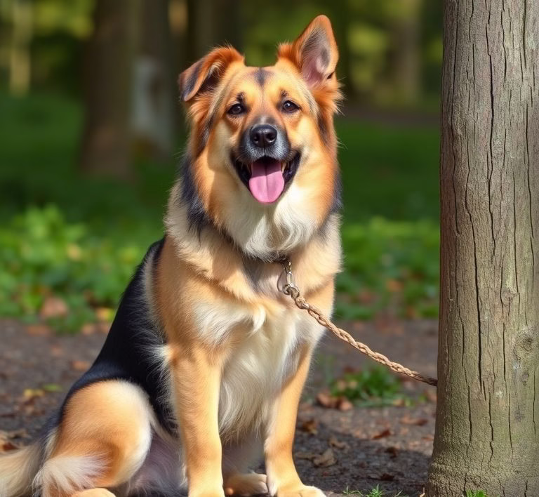 Ein Hund sitzt vor einem Napf mit Hundefutter und schaut aufmerksam zur Seite.