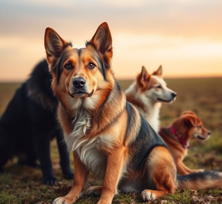 Ein Hund sitzt vor verschiedenen Futterschalen und schnüffelt interessiert