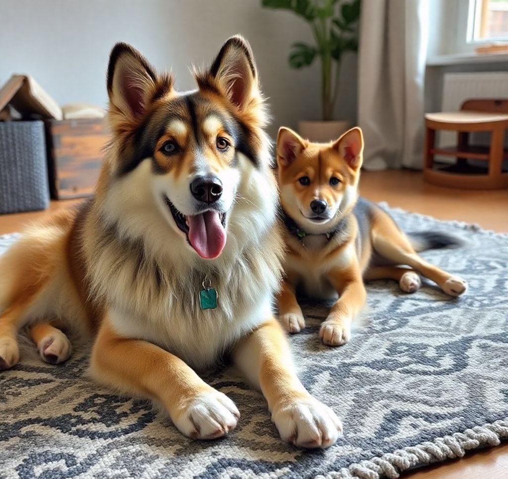 Ein Irischer Wolfshund liegt entspannt auf einem Teppich neben einem spielenden Kind.