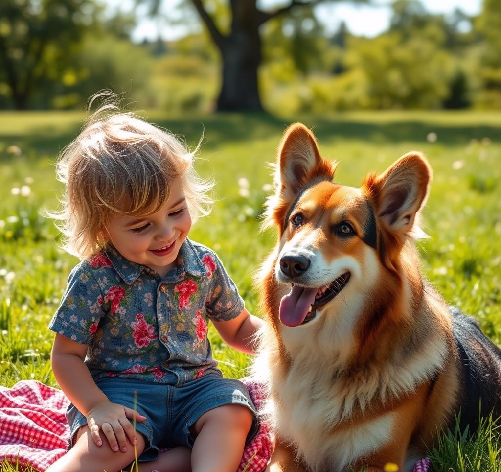 Ein Kind spielt freundlich mit einer Deutschen Dogge auf einer Wiese im Sonnenschein.