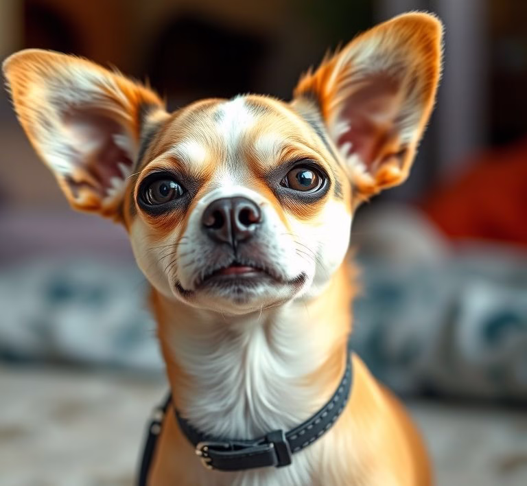 Ein kleiner, ausgewachsener Chihuahua, der aufmerksam in die Kamera blickt.