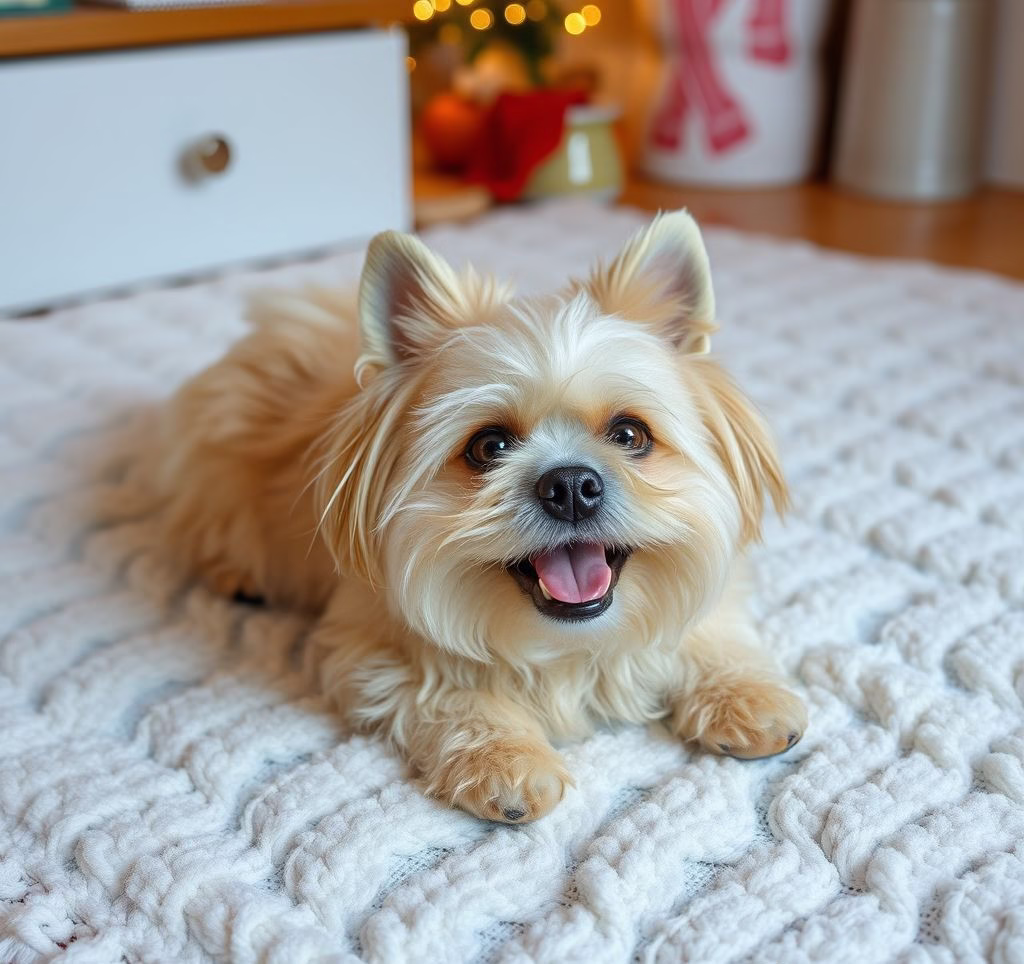 Ein kleiner Bichon Frisé, der fröhlich zu Hause auf einem Teppich liegt