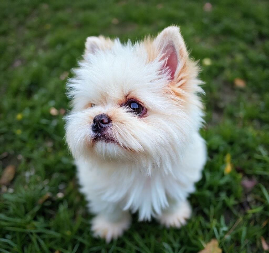 Ein kleiner Bichon Frisé mit lockigem, weißem Fell, der aufmerksam in die Kamera blickt.