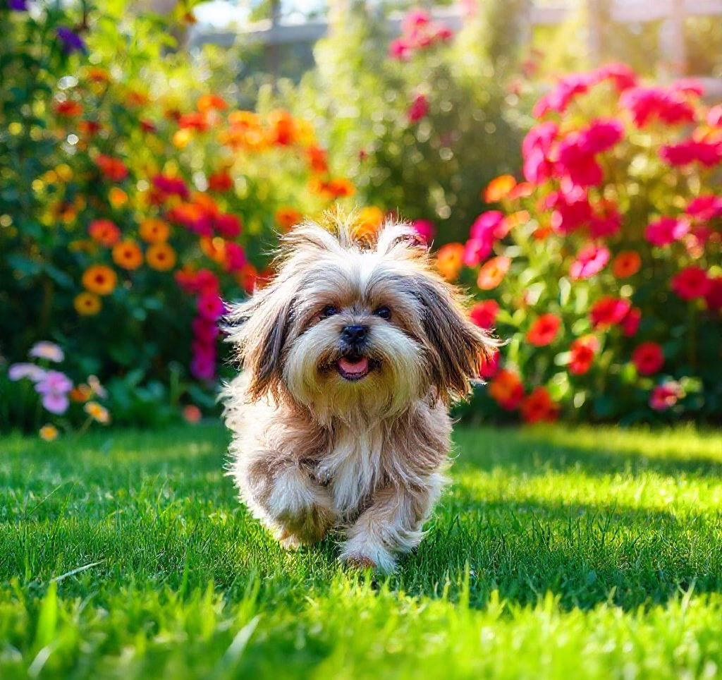 Ein kleiner Havaneser mit langem, seidigem Fell spielt fröhlich im Garten.