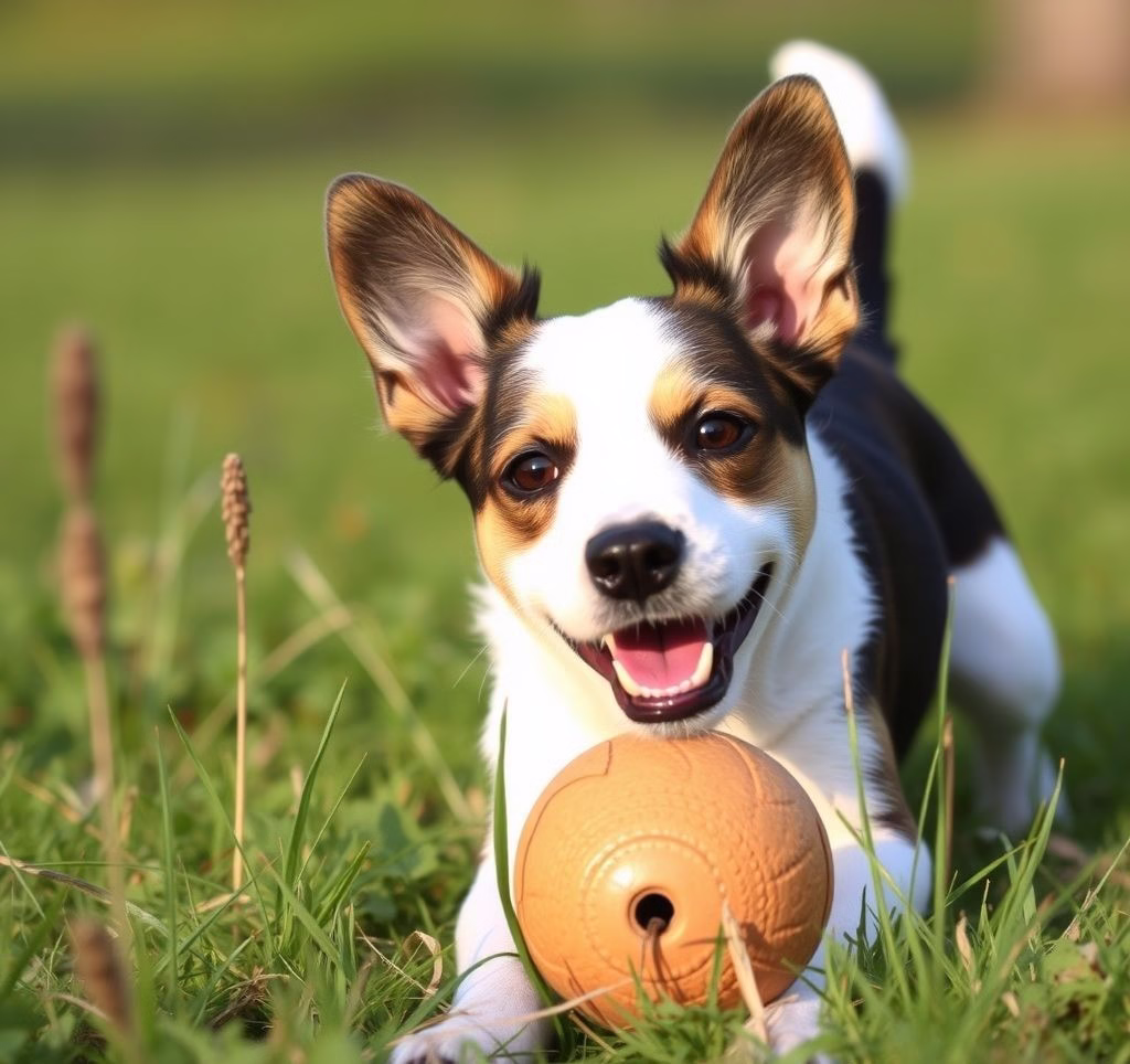 Ein kleiner Jack Russell Terrier spielt im Gras