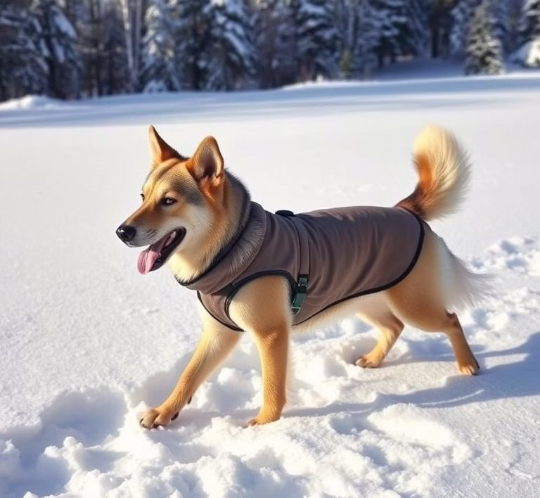 Ein kleiner, kurzhaariger Hund zittert draußen im Schnee und trägt keinen Mantel