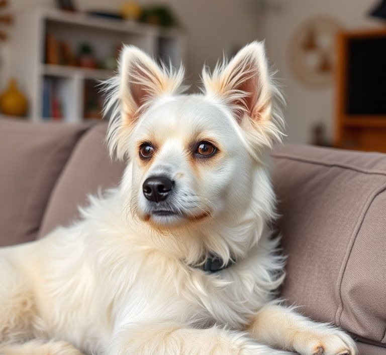 Ein kleiner, weißer Malteser sitzt auf einem Sofa und schaut neugierig in die Kamera.