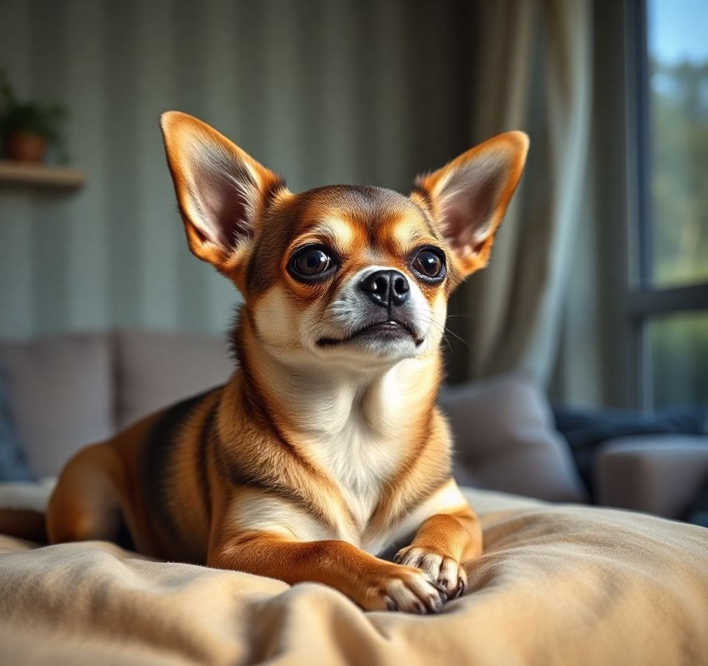 Ein kurzhaariger Chihuahua liegt gemütlich auf einem Kissen und blickt neugierig in die Kamera
