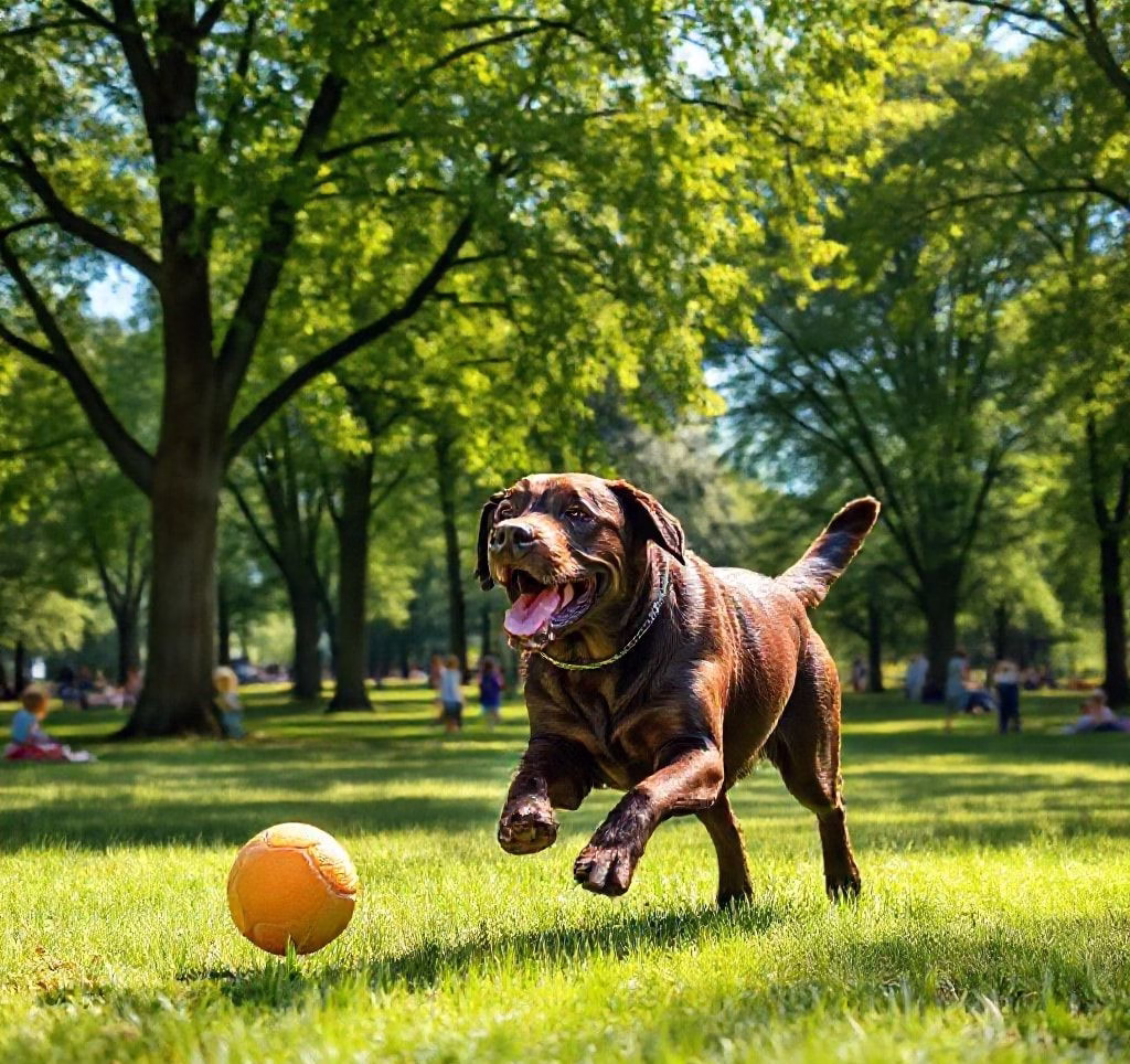 Ein Labrador Retriever apportiert freudig einen Ball in einem Park.