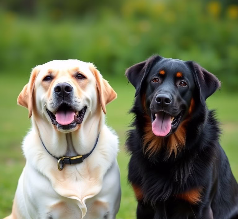 Ein Labrador Retriever und ein Deutscher Schäferhund, die die beliebtesten Hunderassen in Deutschland symbolisieren.