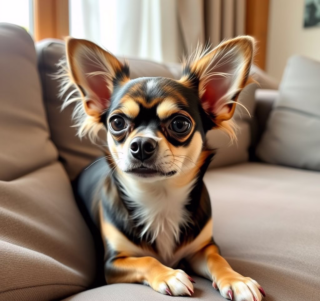 Ein langhaariger Chihuahua mit ausdrucksstarken Augen, sitzt auf einem Sofa