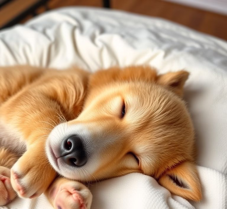 Ein Malteser liegt entspannt auf einem Kissen und schläft.